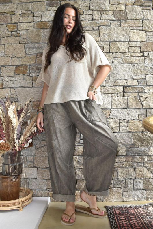 Rustic Nature Linen Blend Barrel Pant Washed Walnut